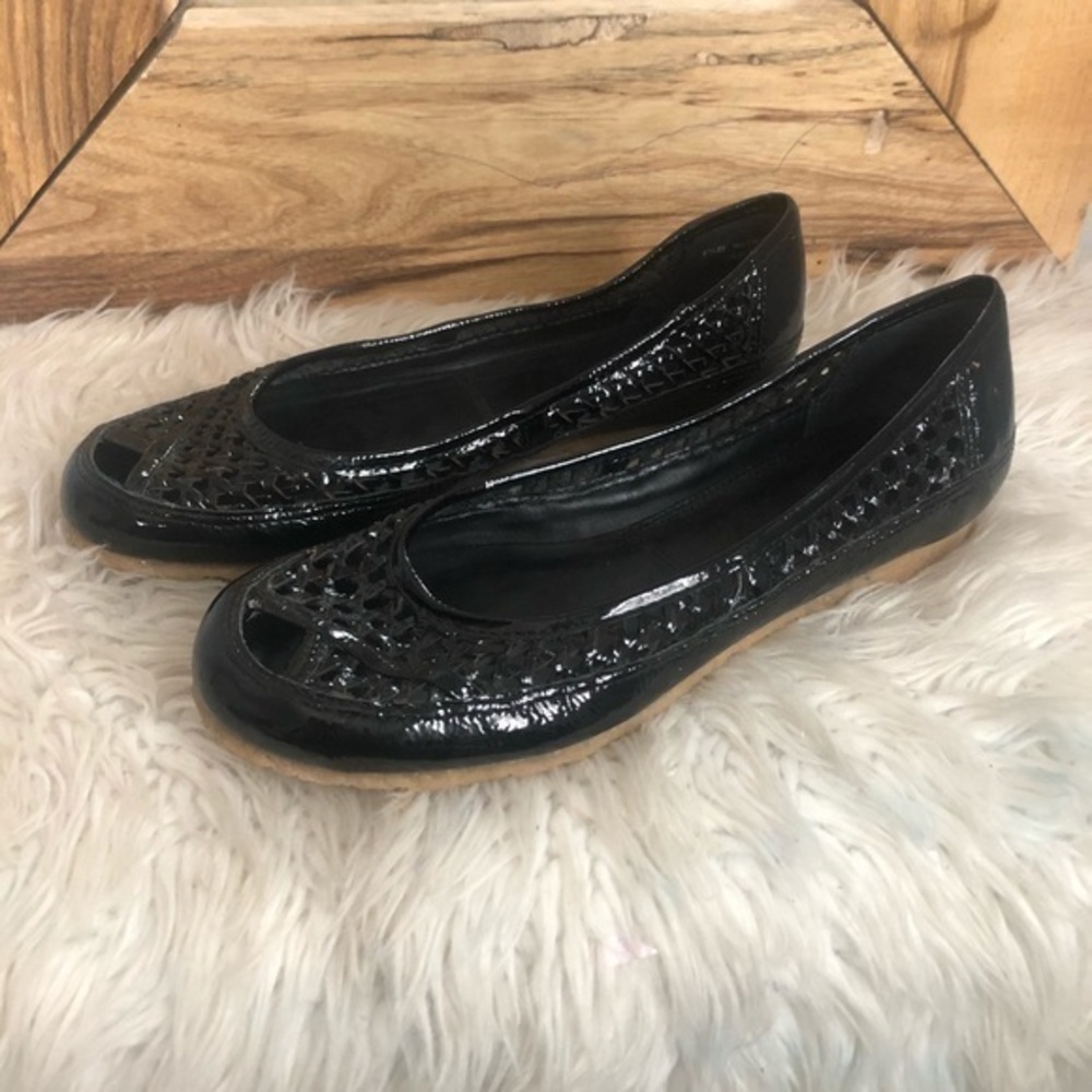 Frye Black Woven Patent Leather Peep Toe Flats 7.5